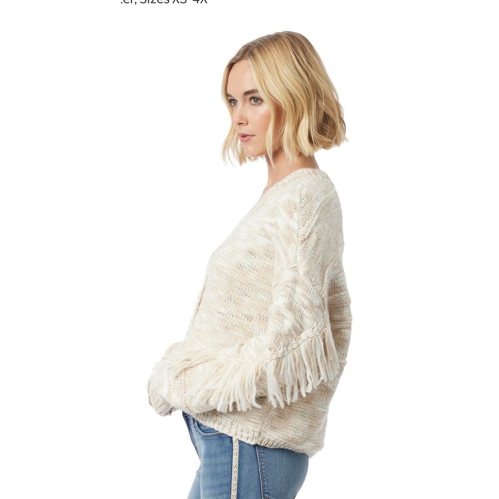 Jessica Simpson Aamina Fringe Cardigan Oatmeal Knit V-Neck Button Front Size L - Picture 3 of 7